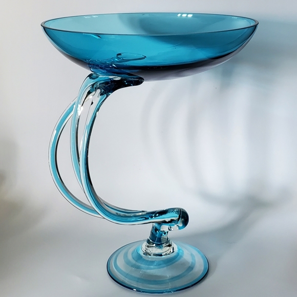 10 3/4" Tall Large Handcrafted Blown Art Glass Aqua Blue Jelly Fish🎐 Bowl 🇵🇱 - Picture 7 of 13